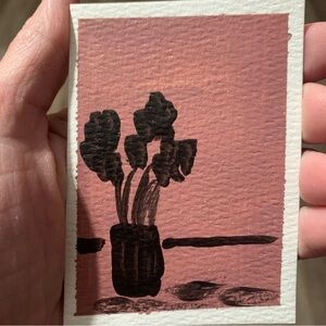 ACEO Original Painting Abstract Pink and Black Flowers Miniature ATC Art